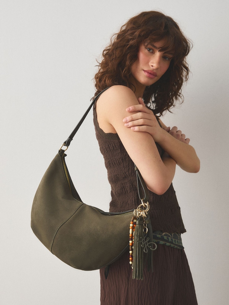 Khaki Green Suede Charm Detail Sling Bag - Image 2 of 10
