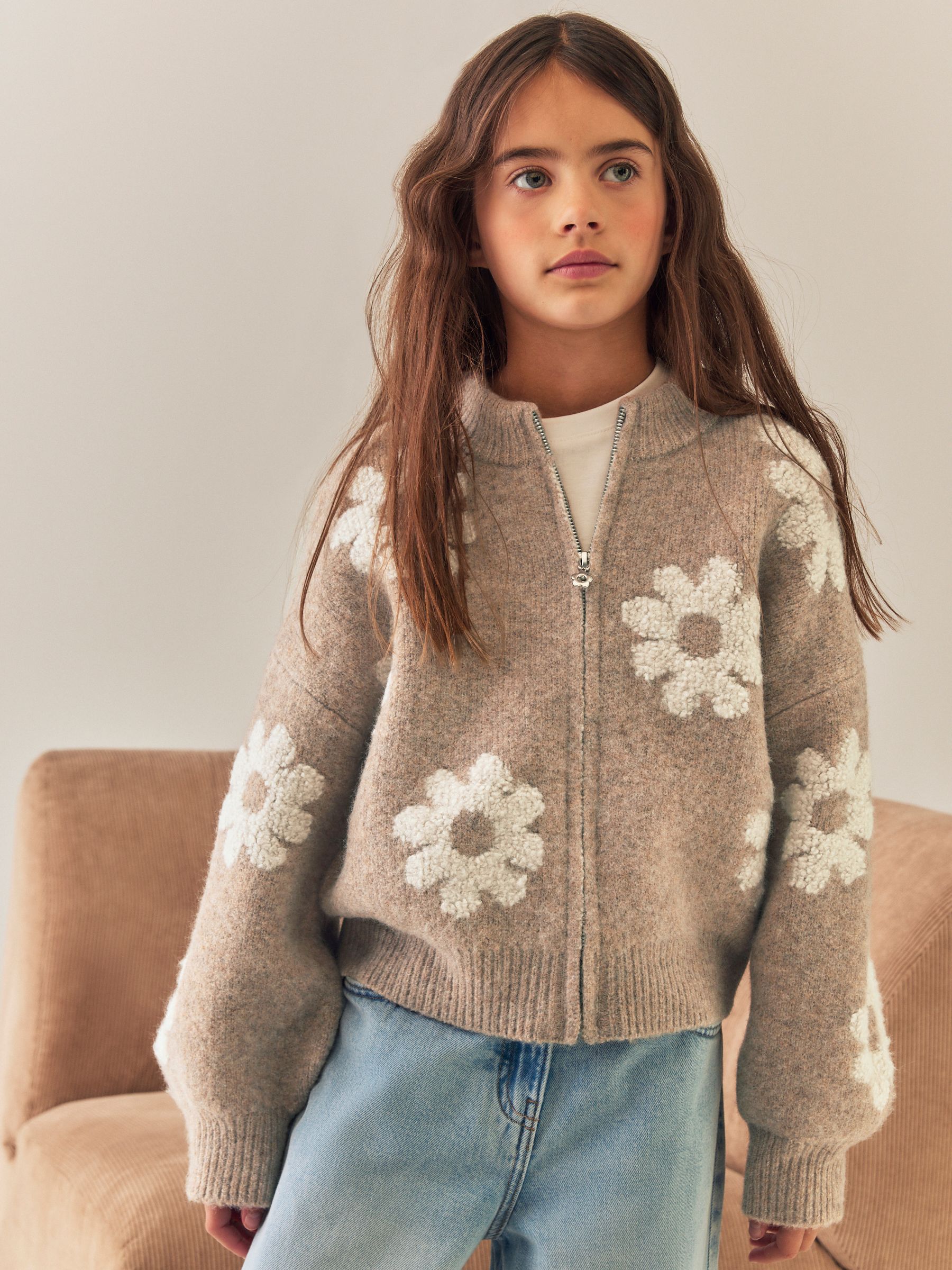 Buy Neutral Daisy Zip Up Cardigan (3-16yrs) from Next USA