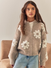 Neutral Daisy Zip Through Cardigan (3-16yrs) - Image 1 of 8