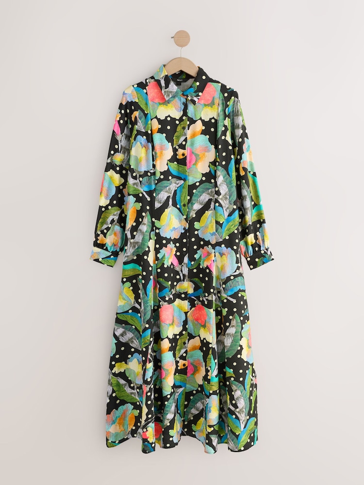 Buy Black/Multi Floral Fuller Bust Long Sleeve Midi Shirt Dress from Next  USA