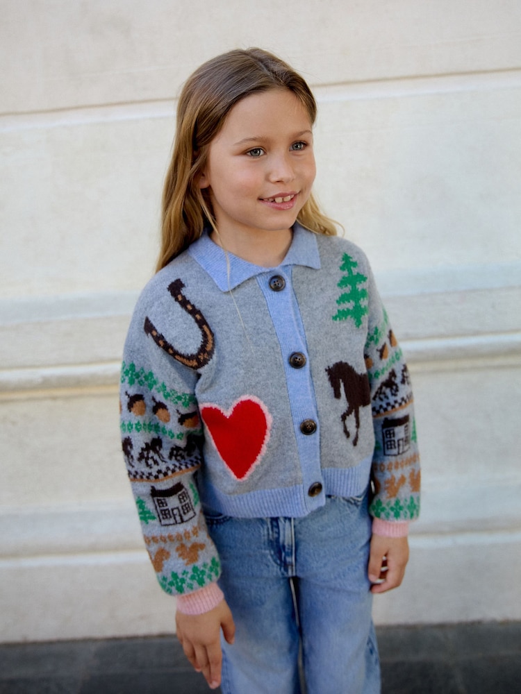 Grey Horse Collared Cardigan (3-16yrs) - Image 1 of 3