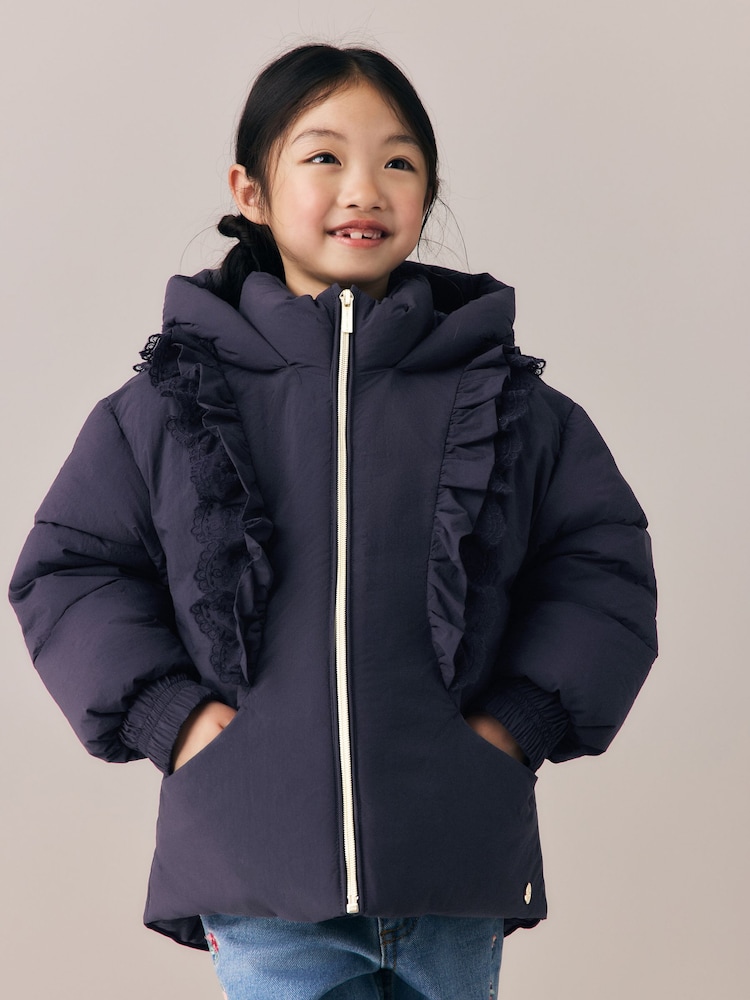 Laura Ashley Navy Frill Lace Padded Coat - Image 1 of 13 Laura Ashley Navy Frill Lace Padded Coat - Image 1 of 13