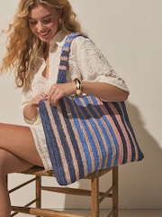 Blue Raffia Effect Stripe Shoulder Bag - Image 1 of 9