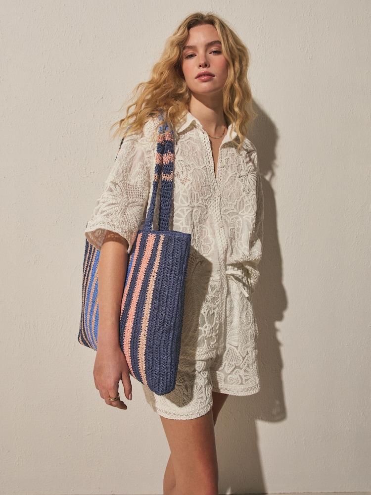 Blue Raffia Effect Stripe Shoulder Bag - Image 2 of 9 Blue Raffia Effect Stripe Shoulder Bag - Image 2 of 9