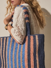 Blue Raffia Effect Stripe Shoulder Bag - Image 4 of 9
