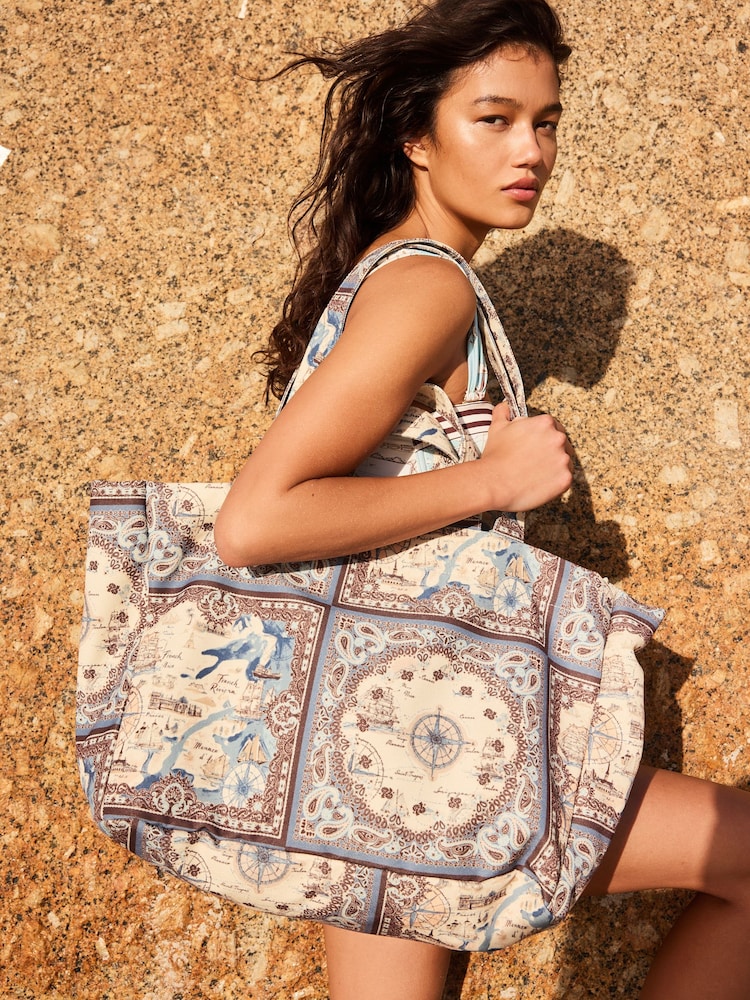 Cream Map Print Canas Shoulder Bag - Image 1 of 8 Cream Map Print Canas Shoulder Bag - Image 1 of 8