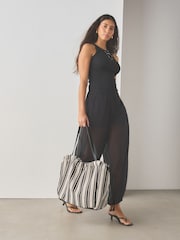 Black/White Drawstring Stripe Shoulder Bag - Image 2 of 9