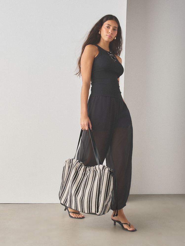 Black/White Drawstring Stripe Shoulder Bag - Image 2 of 9