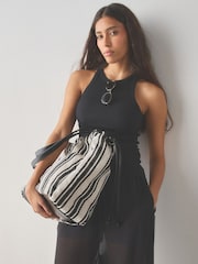 Black/White Drawstring Stripe Shoulder Bag - Image 3 of 9