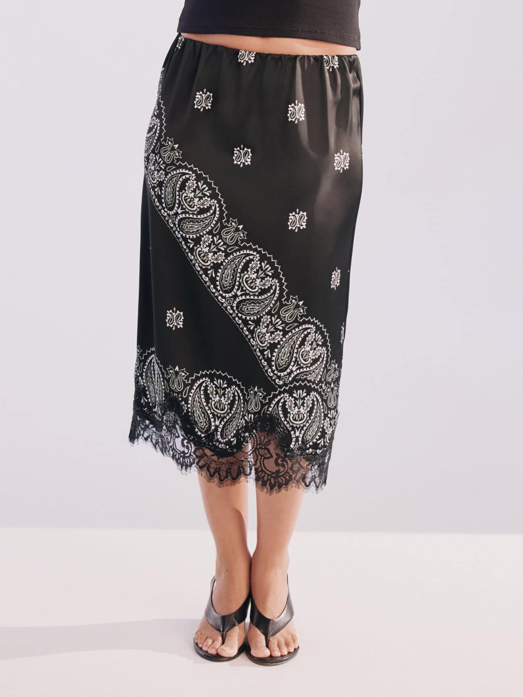 Buy Black Bandana Print Satin Midi Skirt With Lace Trim from Next USA