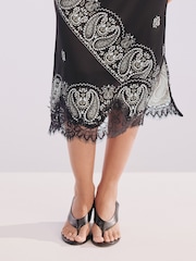 Black Bandana Print Satin Midi Skirt With Lace Trim - Image 4 of 7