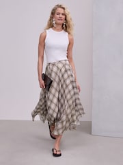 Neutral/Brown Check Godet Midi Skirt - Image 1 of 8