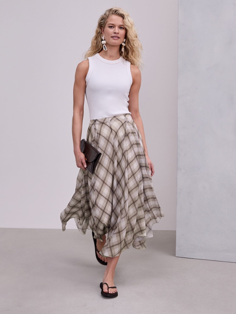 Neutral/Brown Check Godet Midi Skirt - Image 1 of 8 Neutral/Brown Check Godet Midi Skirt - Image 1 of 8