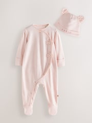 Baker by Ted Baker Pink Pointelle Wrap-Over Sleepsuit & Hat Set - Image 1 of 9