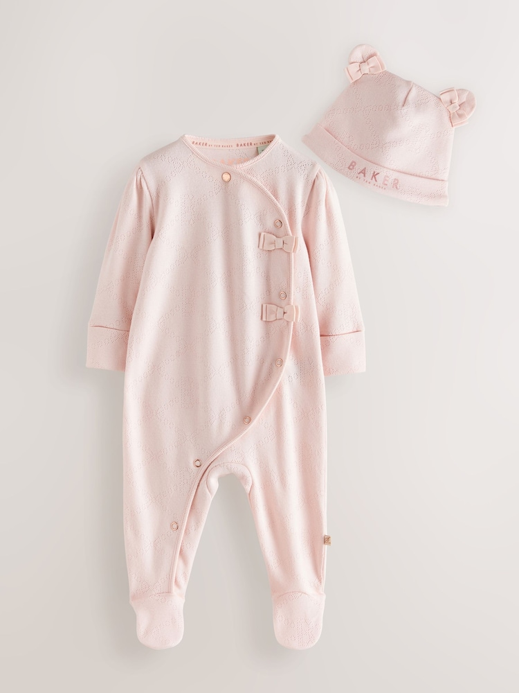 Baker by Ted Baker Pink Pointelle Wrap-Over Sleepsuit & Hat Set - Image 1 of 9