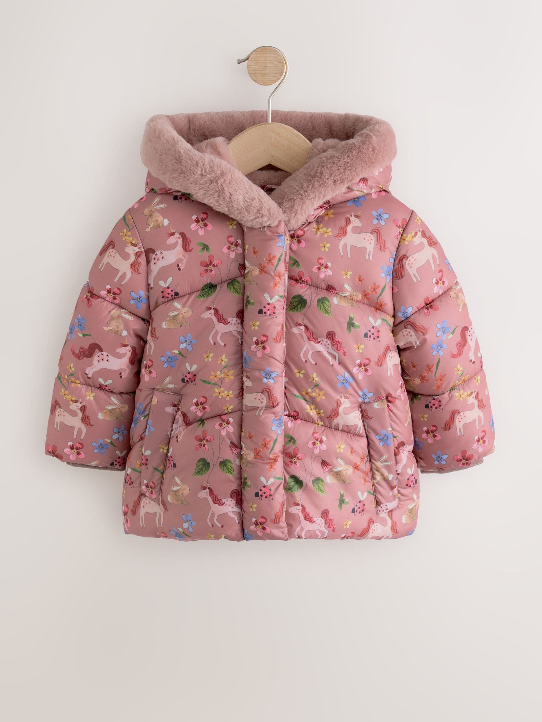 Buy Pink Unicorn Shower Resistant Faux Fur Trim Padded Coat (6mths