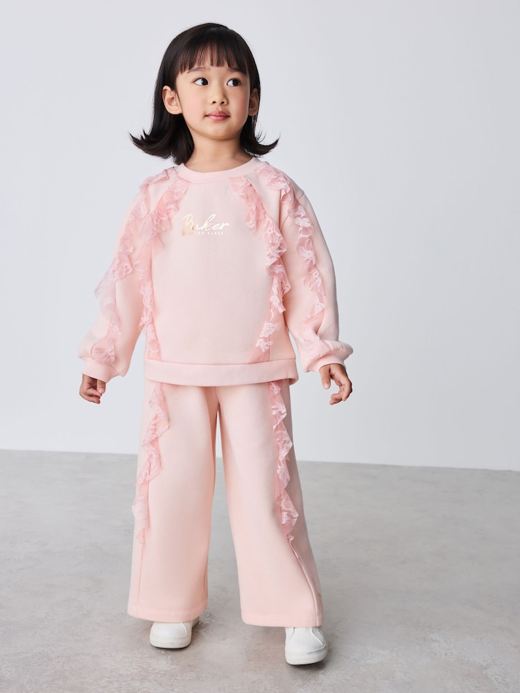 Baker by Ted Baker Pink Lace Trim Sweat Top & Joggers Set 2 Piece - Image 1 of 11