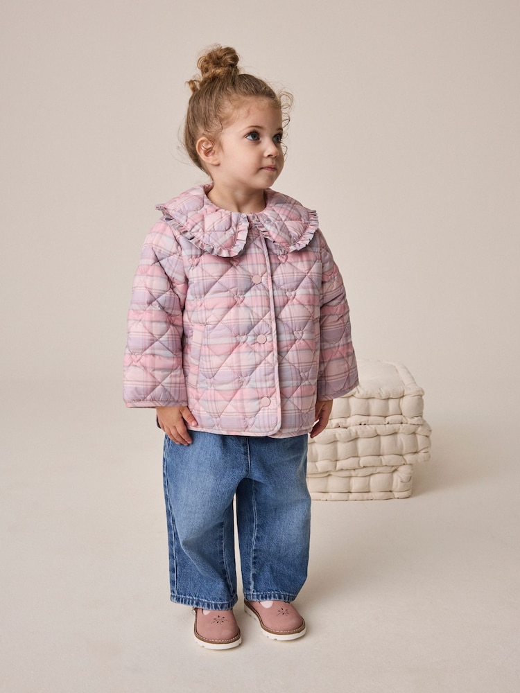 Pink Check Shower Resistant Frill Collar Quilted Jacket (3mths-7yrs) - Image 1 of 9 Pink Check Shower Resistant Frill Collar Quilted Jacket (3mths-7yrs) - Image 1 of 9