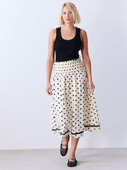 Cream/Black Spot Shirred Midi Skirt - Image 1 of 8
