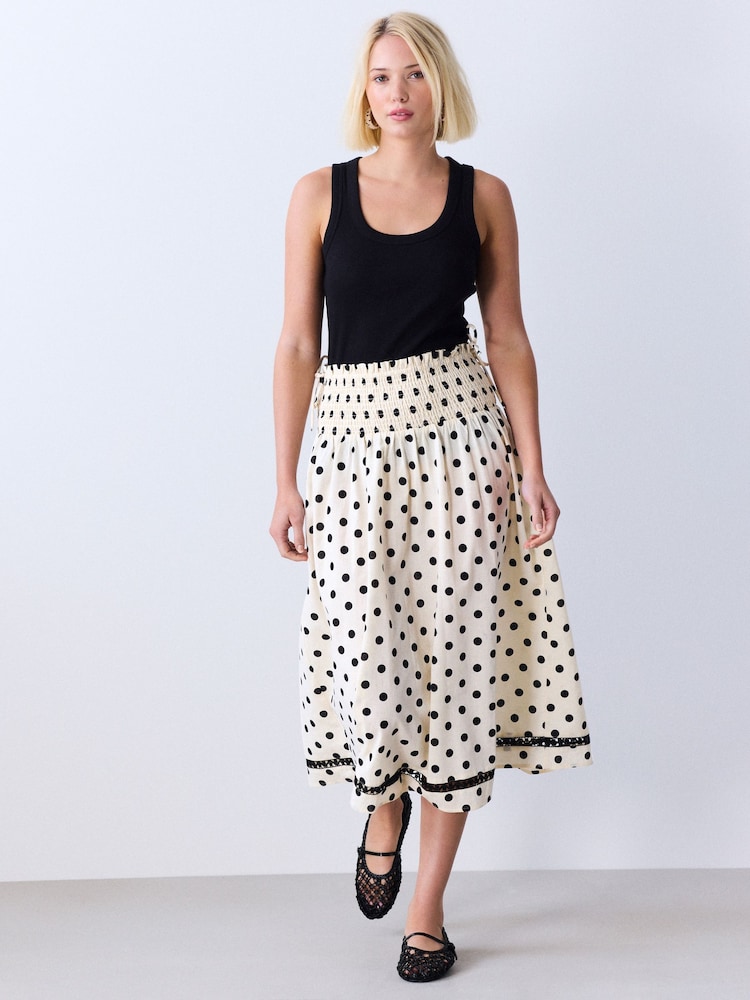 Cream/Black Spot Shirred Midi Skirt - Image 1 of 8
