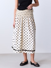 Cream/Black Spot Shirred Midi Skirt - Image 2 of 8