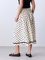 Cream/Black Spot Shirred Midi Skirt - Image 4 of 8