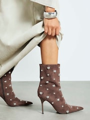 River Island Brown Suedette Studded Heeled Ankle Boot - Image 1 of 6
