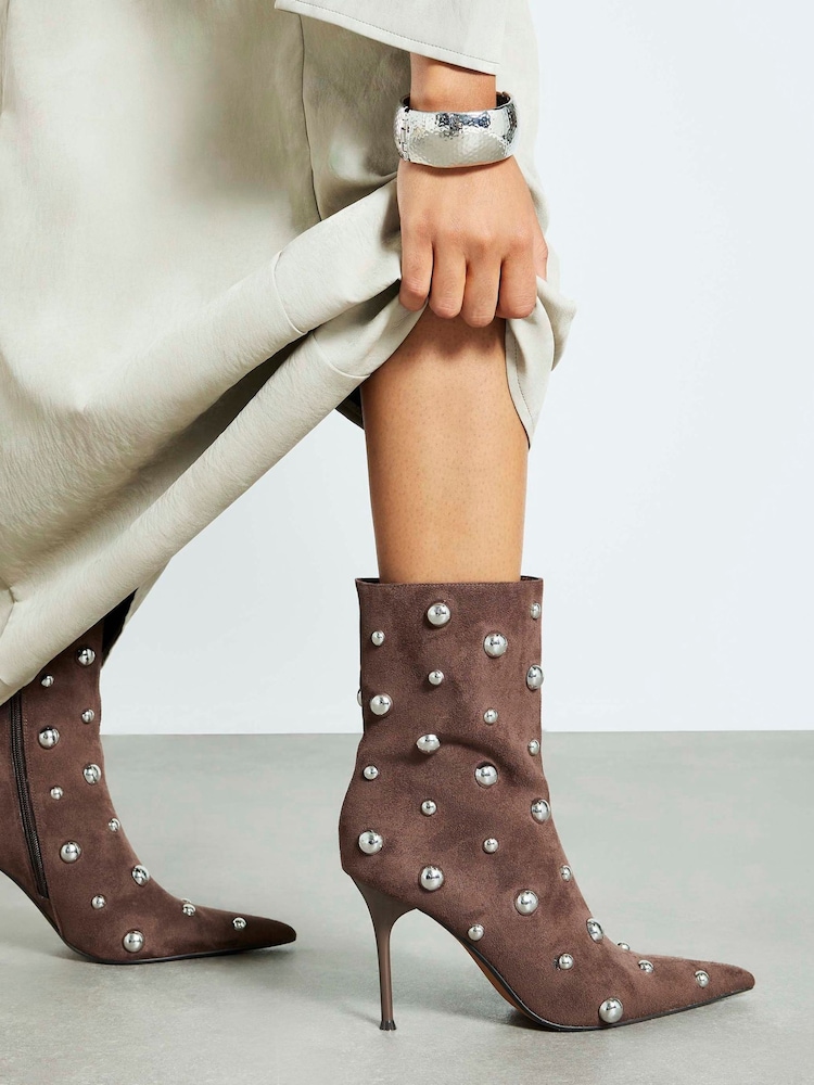 River Island Brown Suedette Studded Heeled Ankle Boot - Image 1 of 6