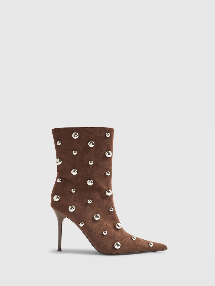River Island Brown Suedette Studded Heeled Ankle Boot - Image 2 of 6