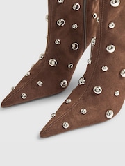 River Island Brown Suedette Studded Heeled Ankle Boot - Image 6 of 6