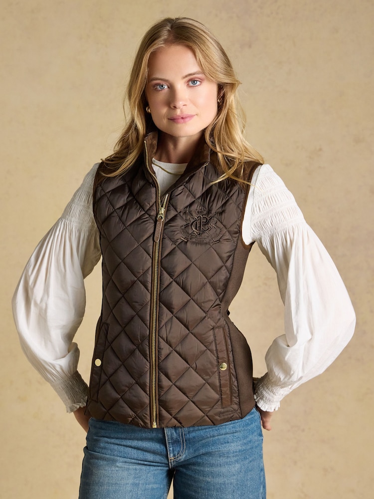 Joules Braemar Luxe Chocolate Brown Showerproof Diamond Quilted Gilet - Image 1 of 10 Joules Braemar Luxe Chocolate Brown Showerproof Diamond Quilted Gilet - Image 1 of 10