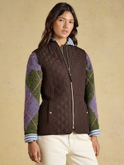 Joules Minx Chocolate Brown Showerproof Diamond Quilted Gilet - Image 1 of 8