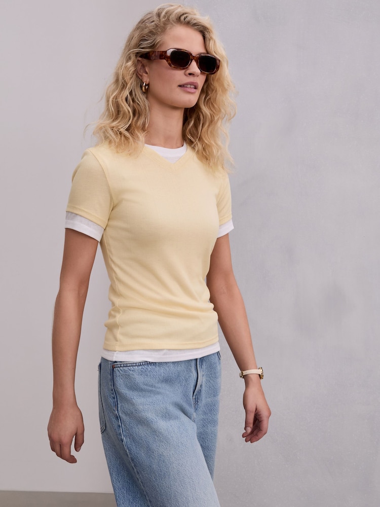 Yellow Short Sleeve Ribbed V-Neck Layered T-Shirt - Image 2 of 7