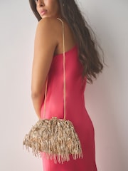 Champagne Gold Pearl Effect Embellished Fringe Clutch Bag - Image 2 of 8