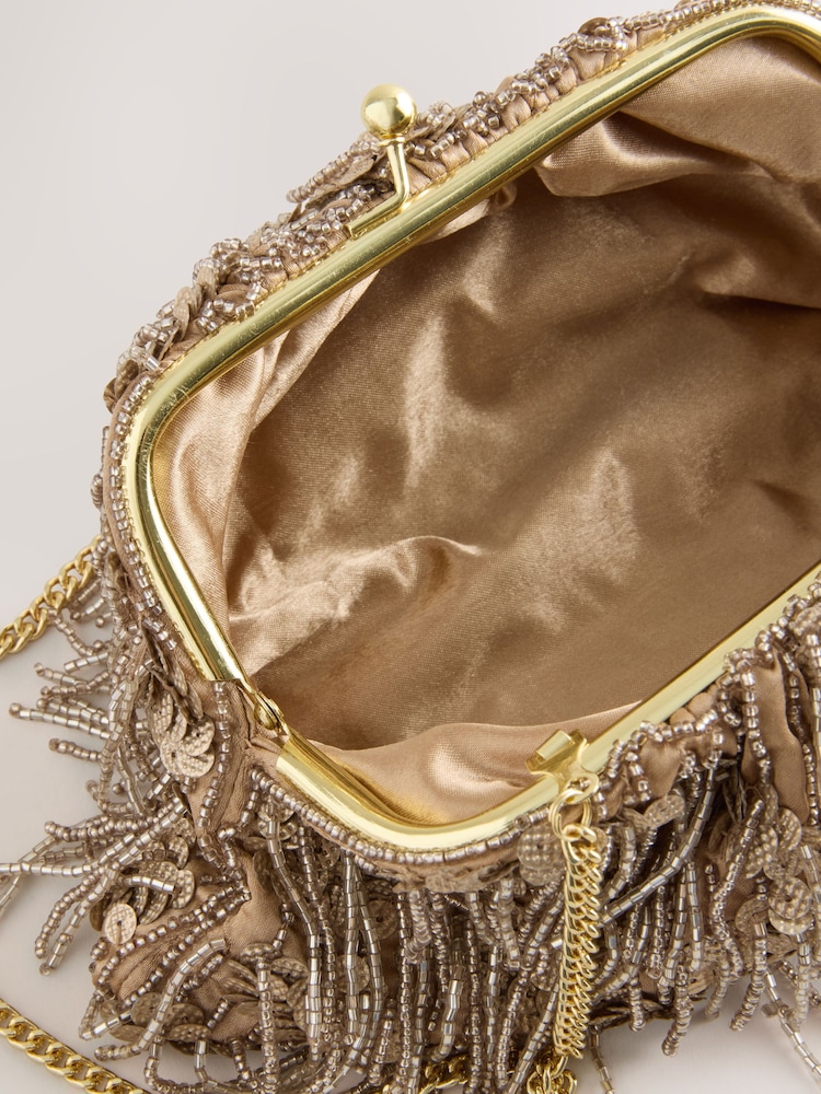 Champagne Gold Pearl Effect Embellished Fringe Clutch Bag - Image 8 of 8