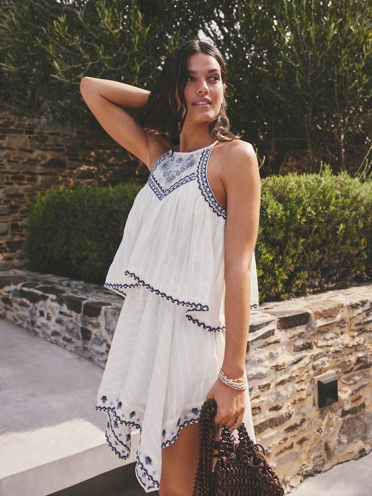 White/Blue Embroidered Hanky Hem Playsuit - Image 1 of 5 White/Blue Embroidered Hanky Hem Playsuit - Image 1 of 5