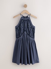 Washed Navy Embroidered Mirror Detail High Neck Mini Dress - Image 1 of 3