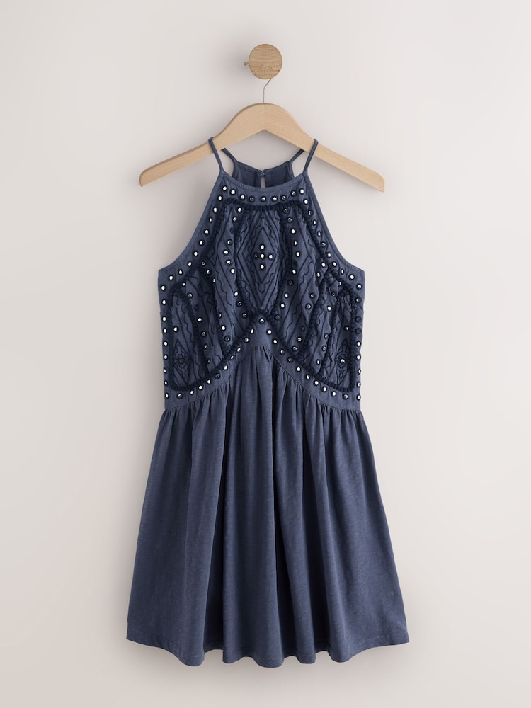 Washed Navy Embroidered Mirror Detail High Neck Mini Dress - Image 1 of 3
