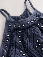Washed Navy Embroidered Mirror Detail High Neck Mini Dress - Image 2 of 3