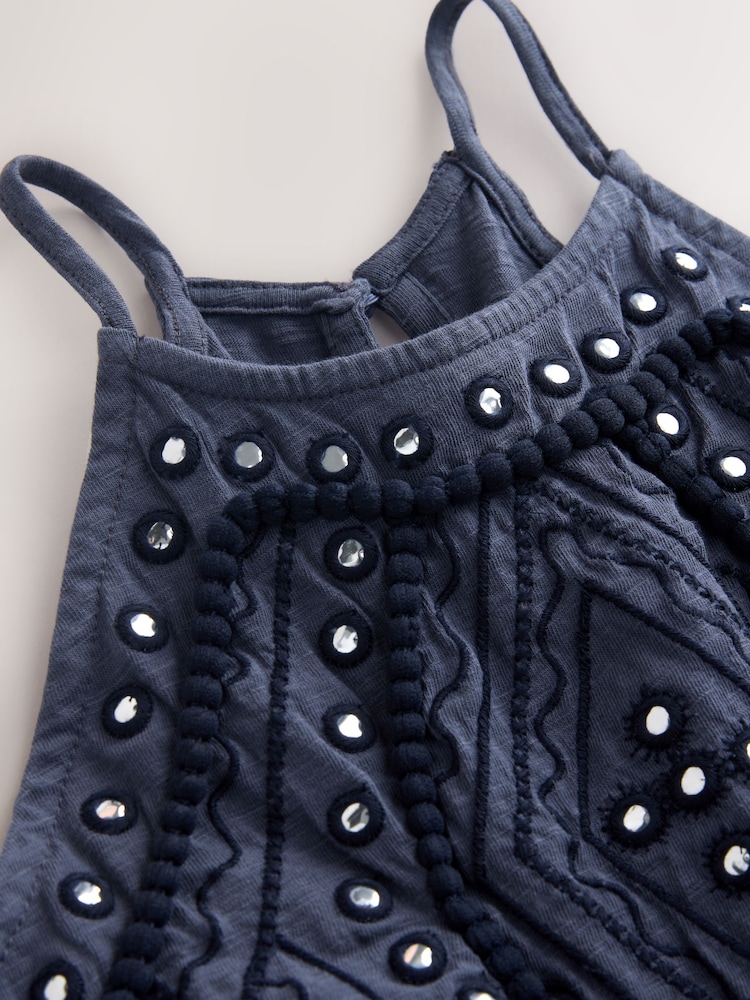 Washed Navy Embroidered Mirror Detail High Neck Mini Dress - Image 2 of 3