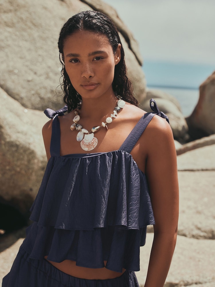 Steel Blue Tie Strap Ruffle Top - Image 1 of 9