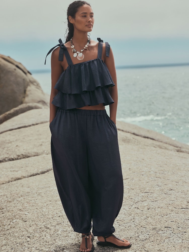 Steel Blue Tie Strap Ruffle Top - Image 2 of 9