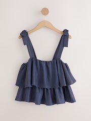 Steel Blue Tie Strap Ruffle Top - Image 6 of 9
