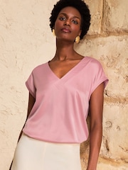 Love & Roses Blush Pink V-Neck Satin Front Jersey T-Shirt - Image 1 of 4