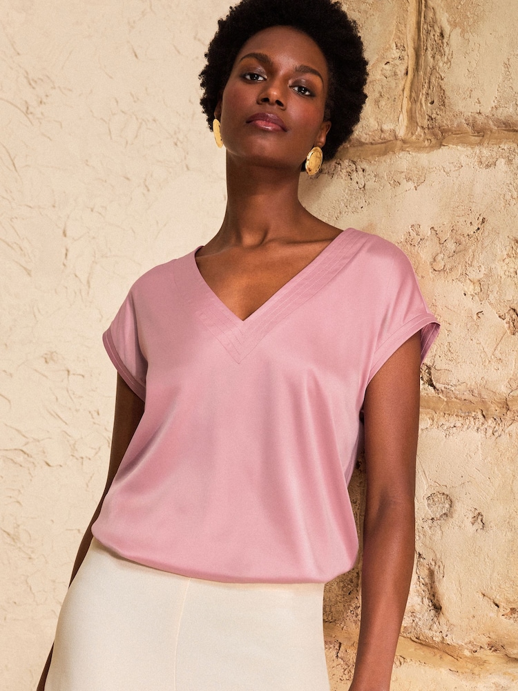 Love & Roses Blush Pink V-Neck Satin Front Jersey T-Shirt - Image 1 of 4