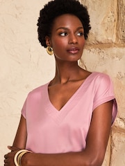 Love & Roses Blush Pink V-Neck Satin Front Jersey T-Shirt - Image 2 of 4