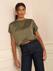 Love & Roses Khaki Green Satin Front Jersey Short Sleeve Top - Image 1 of 8