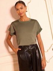 Love & Roses Khaki Green Satin Front Jersey Short Sleeve Top - Image 2 of 8