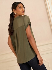 Love & Roses Khaki Green Satin Front Jersey Short Sleeve Top - Image 3 of 8