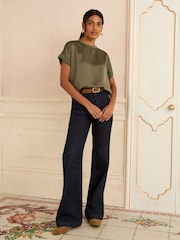 Love & Roses Khaki Green Satin Front Jersey Short Sleeve Top - Image 6 of 8